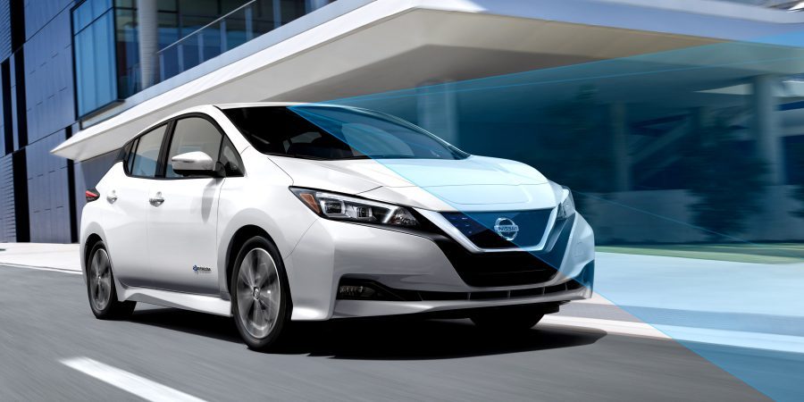 Nissan LEAF in city with driving sensors